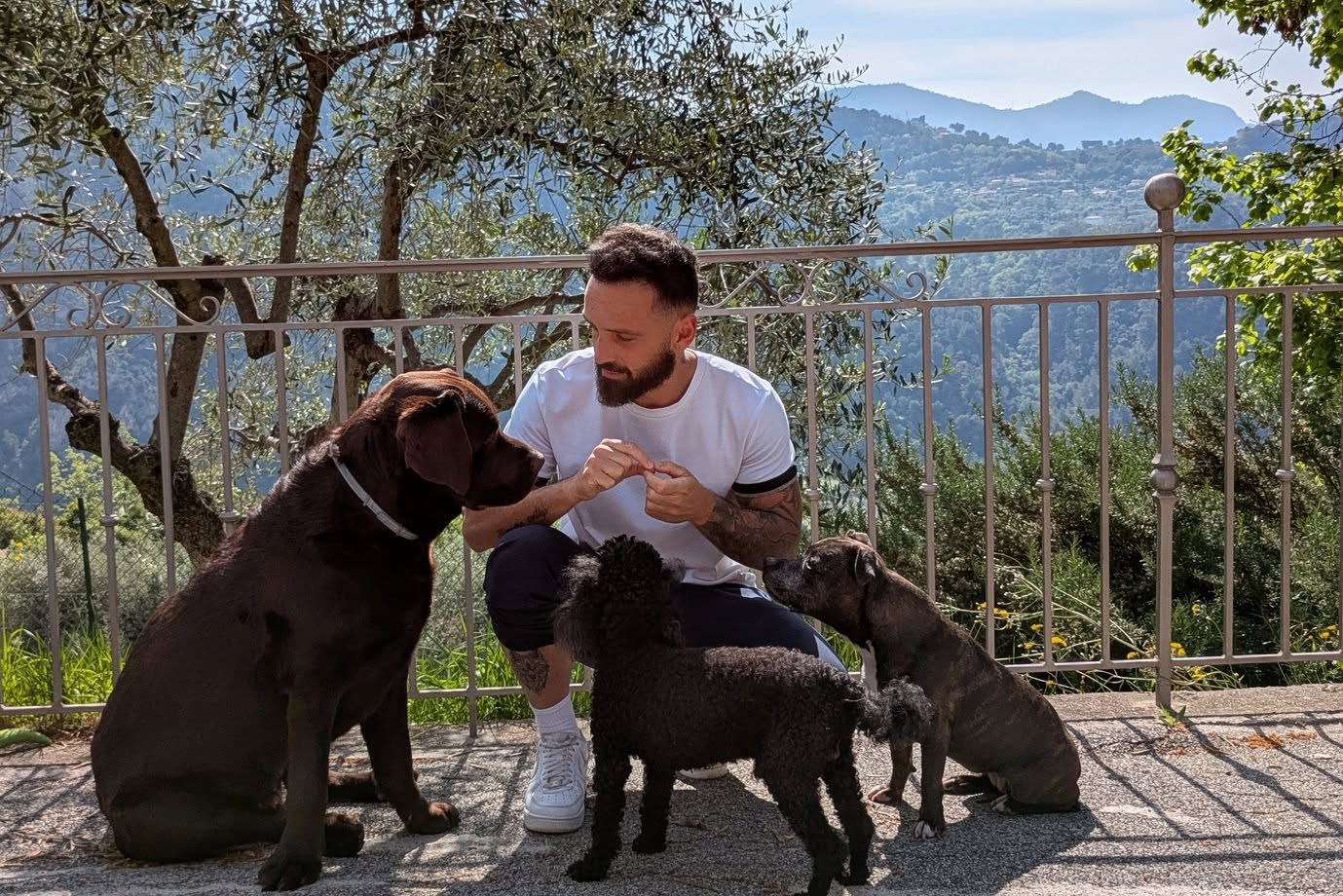 Anthony, éducateur canin, en séance avec trois chiens face aux collines des Alpes-Maritimes